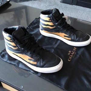 Coach NY Tiger Leather Hi Top Sneakers